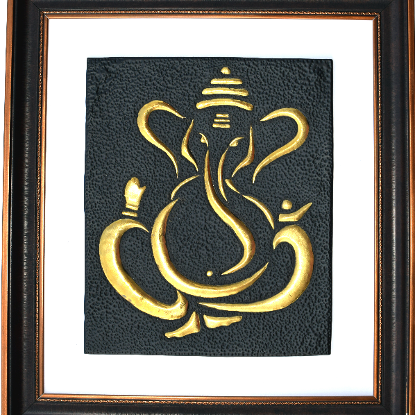 Brass impose Ganesh  (10 inc X 12 inch)  with Frame (18 inch x 17 inch) white background 